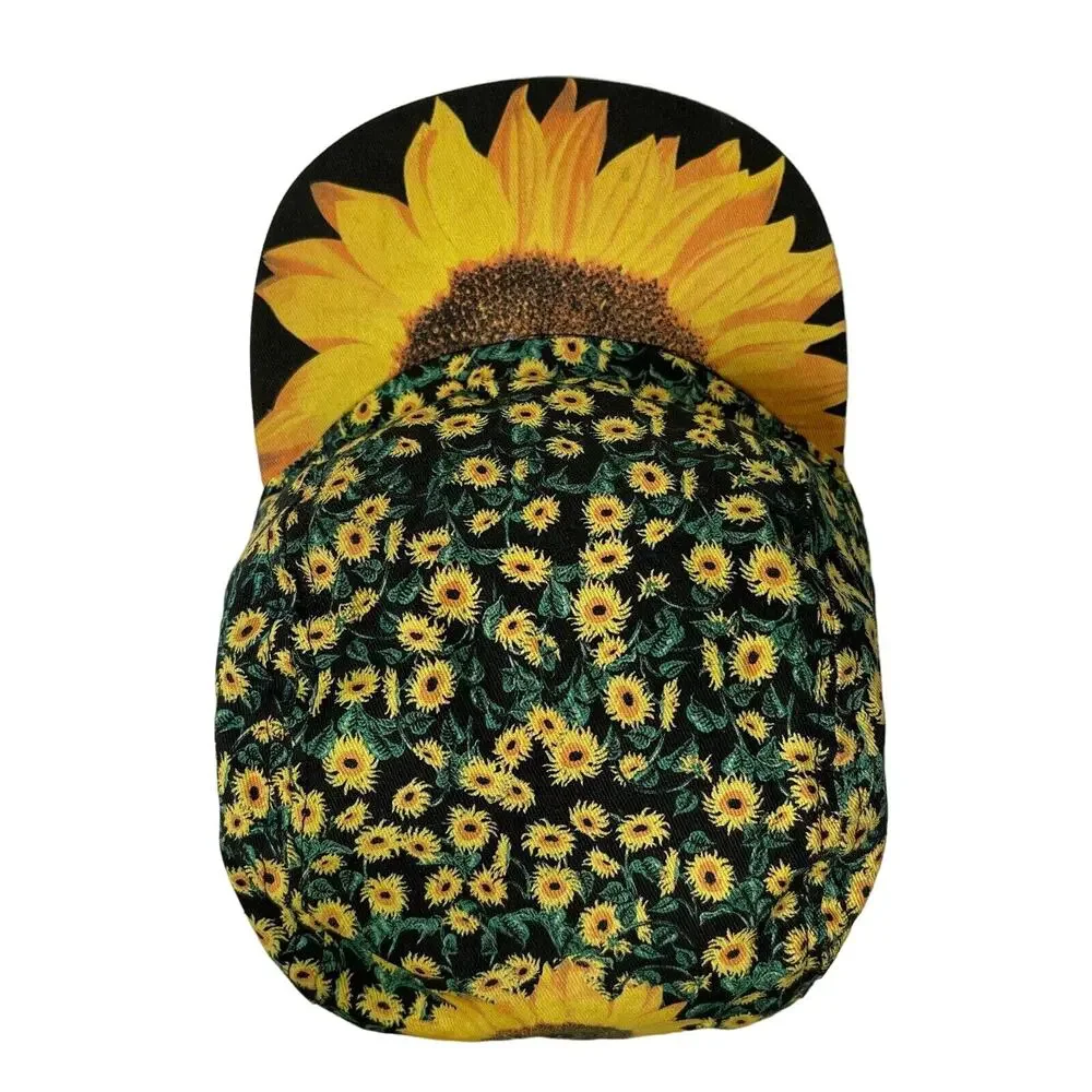 Sunflower Baseball Cap Black Yellow All Over Print Strapback Adjustable Hat